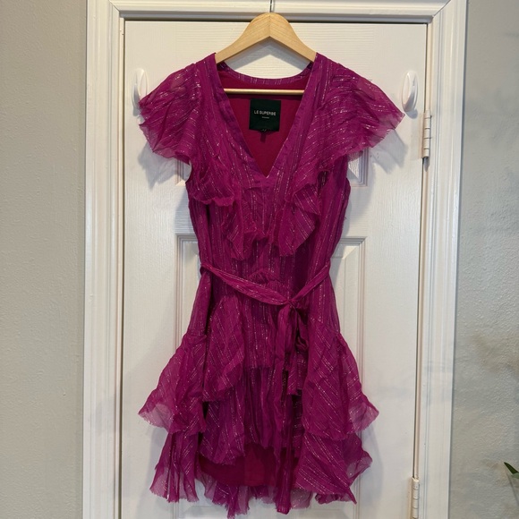 Le Superbe 100% Silk Mini Dress Women’s Size 2 Magenta Fuchsia Metallic Ruffles - Picture 2 of 10